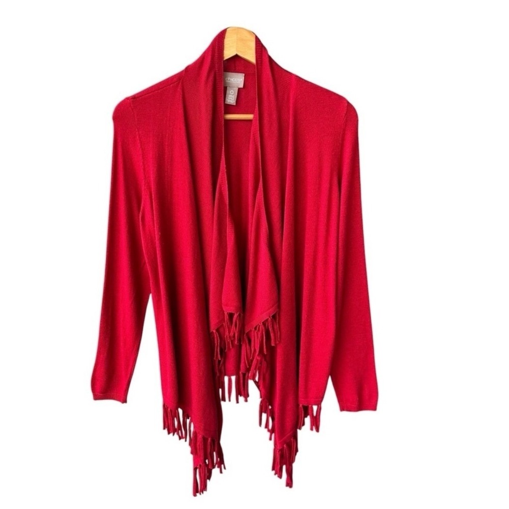 Chico's Cardigan Sweater Size 0 Small Red Fringe Shawl Tassels Waterfall Wrap